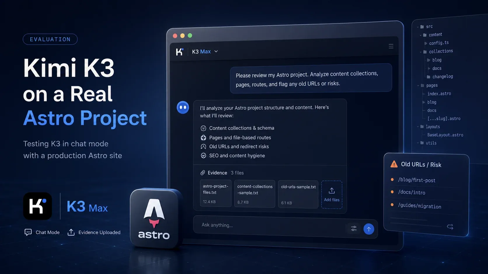 Kimi K3 Max analyzing cross-file Astro code, Content Collections, dynamic routes, and legacy URL risk