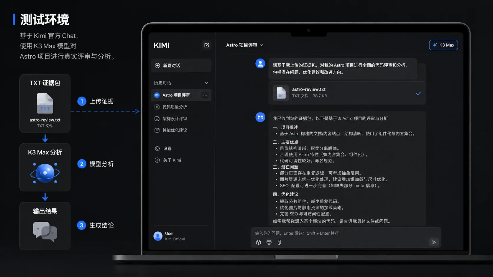Kimi K3 web Chat test environment with a sanitized TXT evidence pack