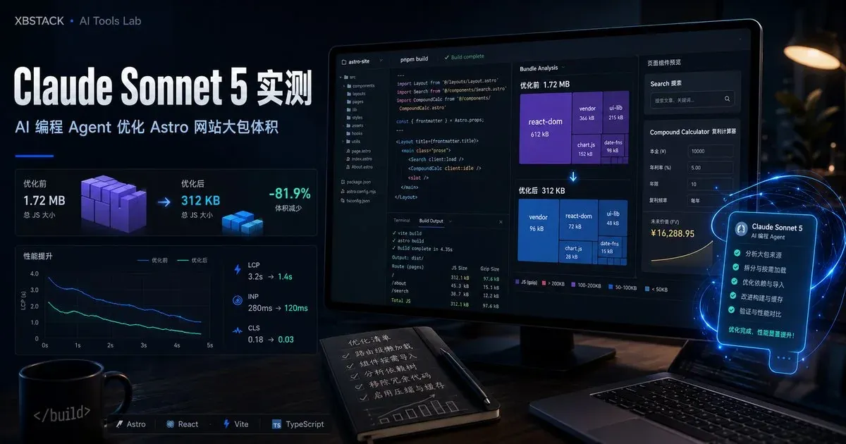 Cover image for the Claude Sonnet 5 AI Coding Agent hands-on test optimizing oversized Astro website chunks