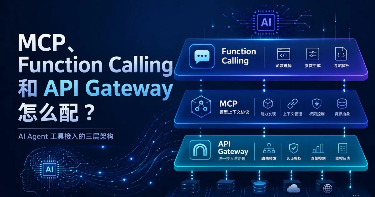 Diagram of the three-layer architecture of MCP, Function Calling, and API Gateway in AI Agent tool integration